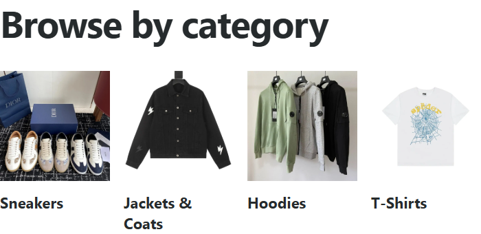 The actual Hoobuy Spreadsheet category browser with Sneakers, Jackets and Coats, Hoodies and T-Shirts